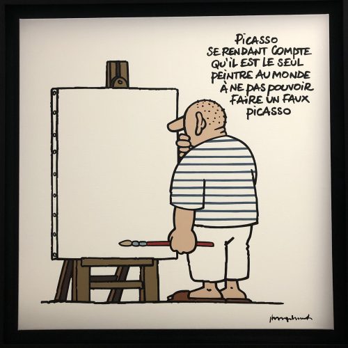 Picasso se rendant compte qu’il est le seul peintre au monde à ne pas pouvoir faire un faux Picasso - Philippe Geluck. Crédit photo : Perla Msika.